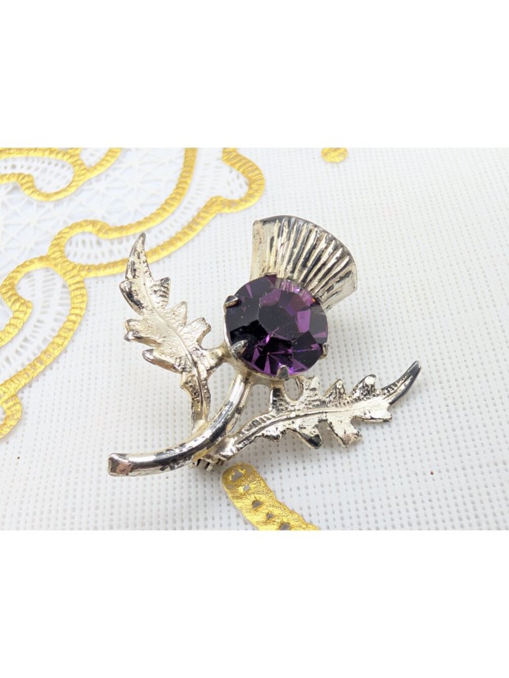 VTG WARD BROS Brooch Pin Scottish Thistle marked WB sterling Rhinestone